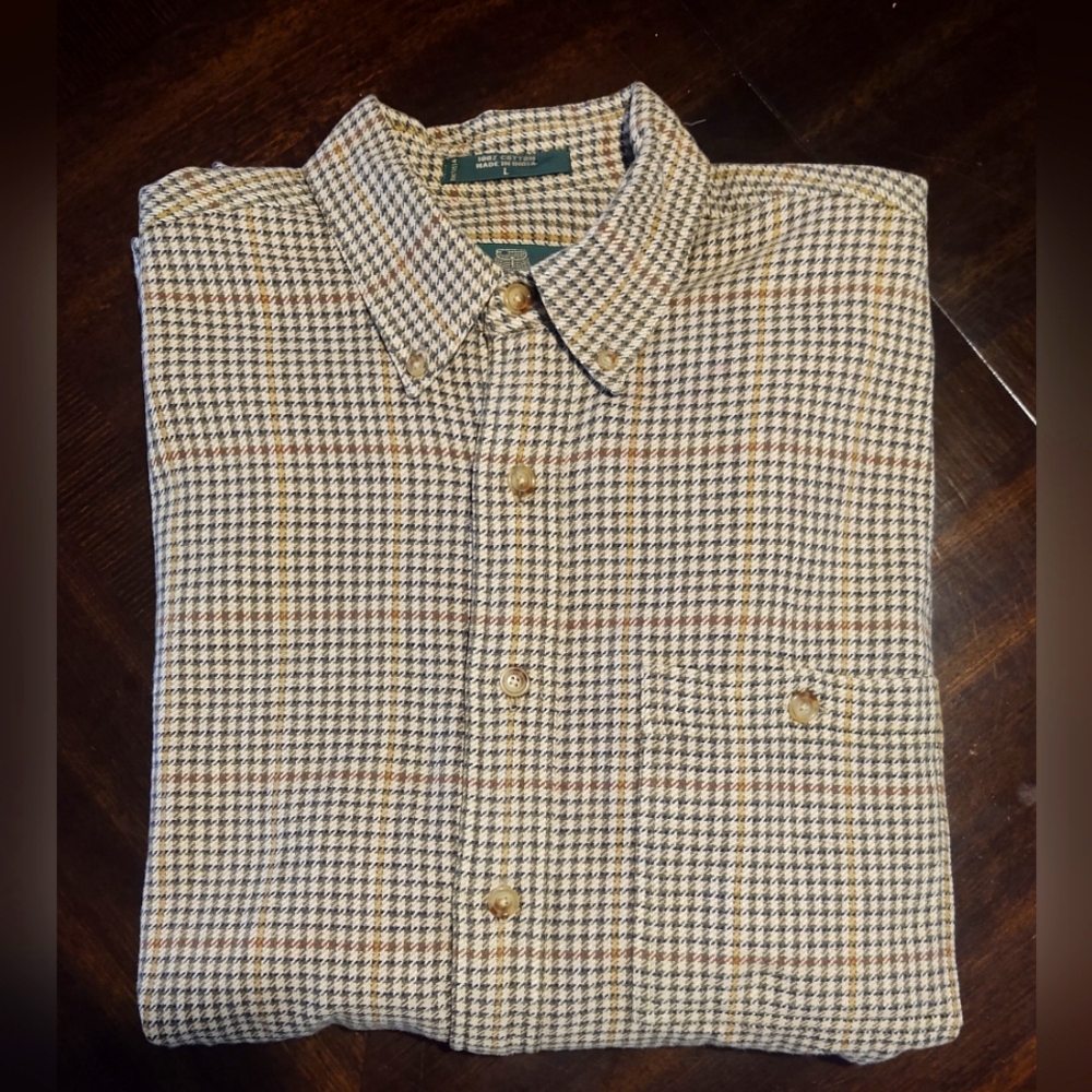 Orvis Plaid Heavy Button Up Tan/Browns Mens L